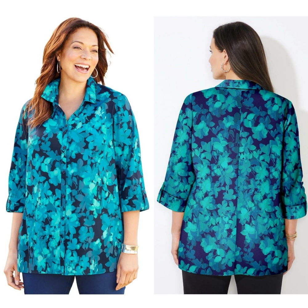 Catherines 2X Blue Green Floral Button Front Blouse Plus Size Roll Tab Top